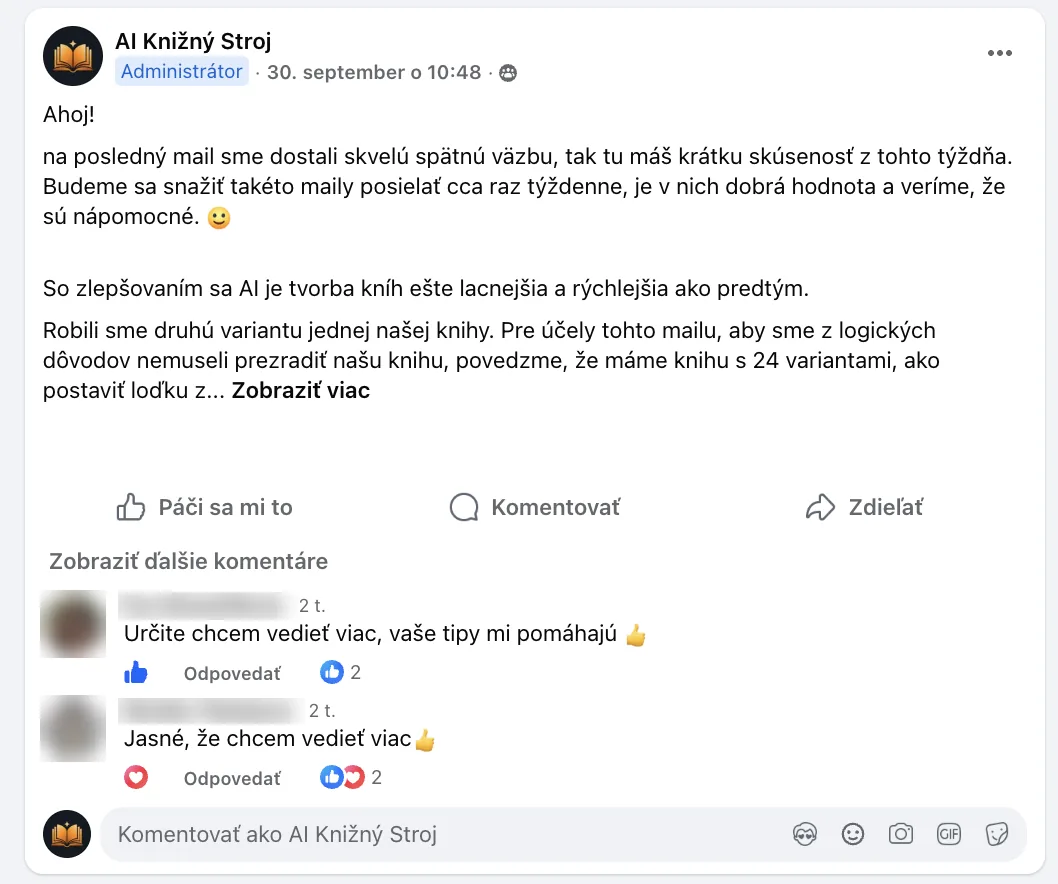 Príspevok a komentáre v skupine